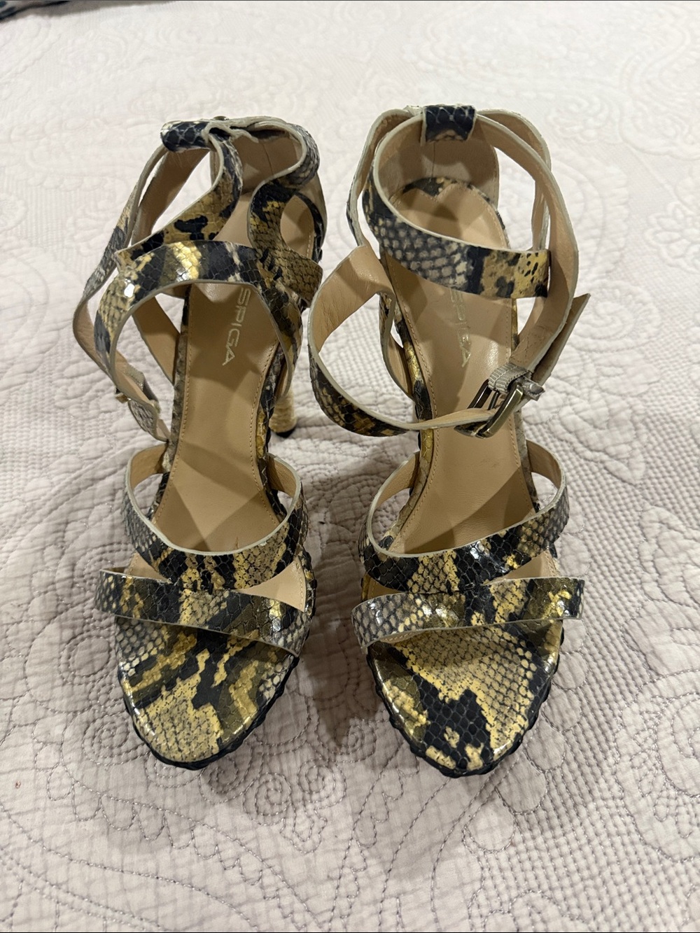 Via Spiga Yellow and Black Snake-Print Strappy Heels